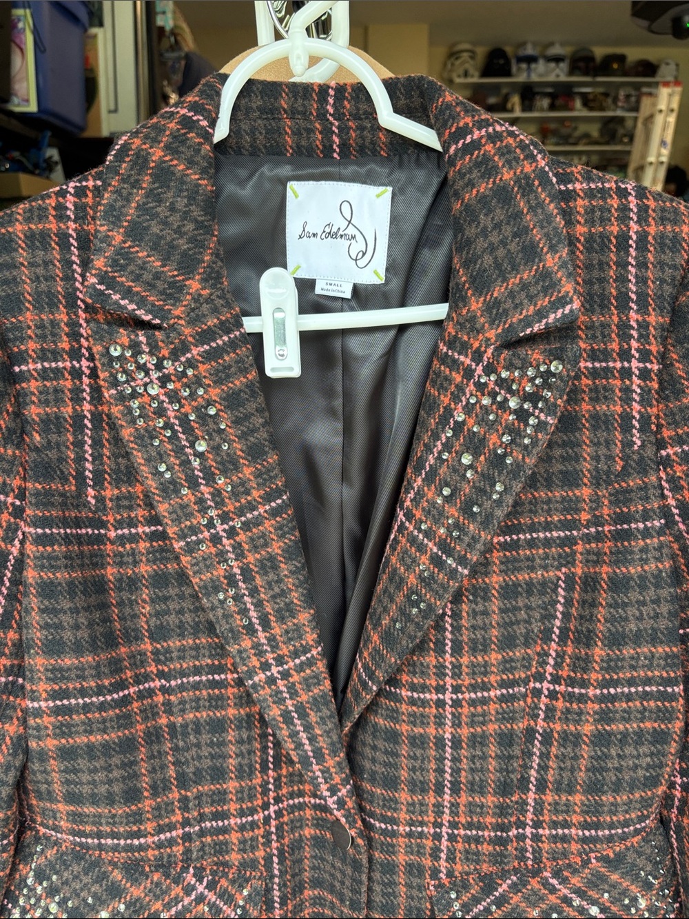 Sam Edelman Black & Pink Plaid Blazer with Rhinestone Lapels